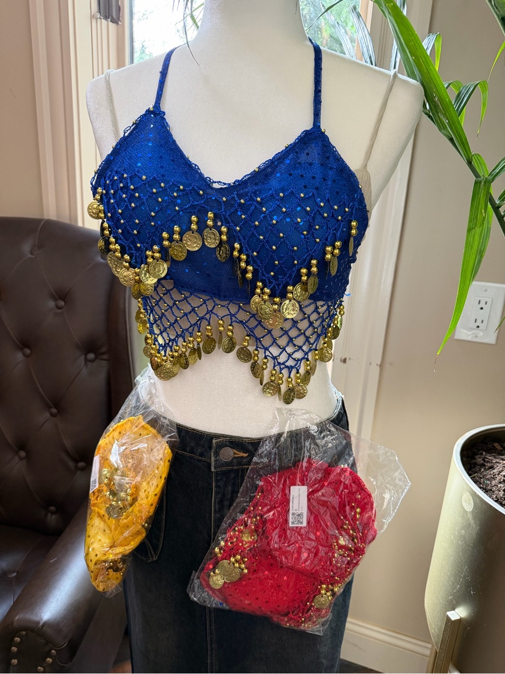 New Lot of 3 Belly Dancing Halter Bra Coin Crochet Crop Top Bohemian Bollywood